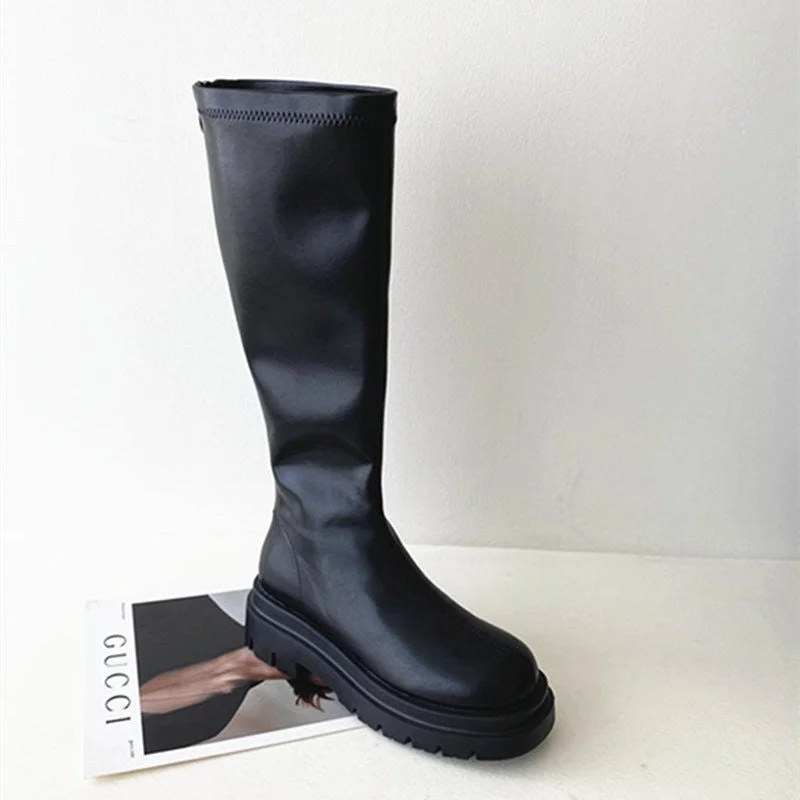 2022 Women Ankle Boots Ladies Shoes Slip on Mid Calf Boots Platform Soft PU Leather Long Boot Footwear Woman Fashion Winter Bota