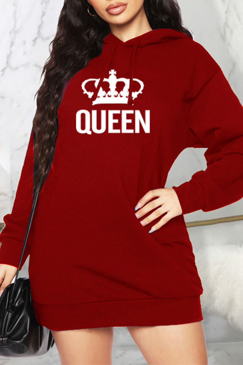 Burgundy Casual Print Patchwork Hooded Collar Straight Dresses | EGEMISS