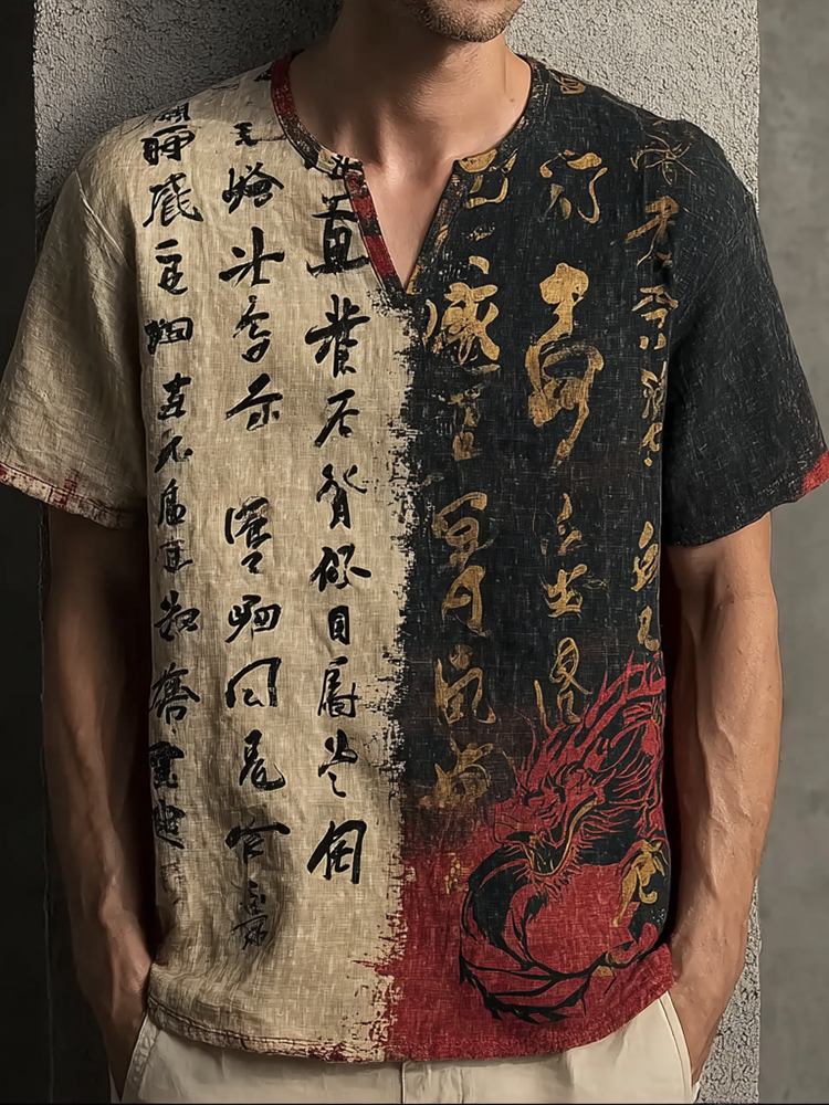 Japanese Art Retro Line Art Linen Casual Short-sleeve Top  artssus
