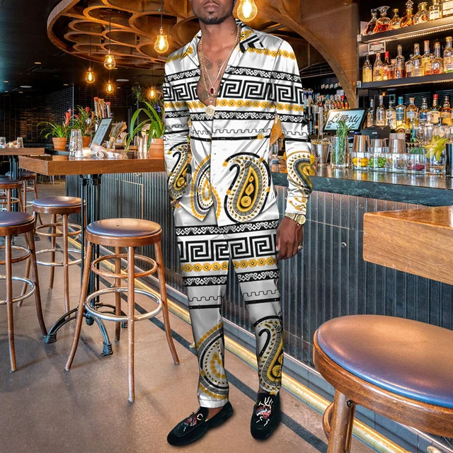 Men's fashion casual white printed silk long sleeve two-piece set