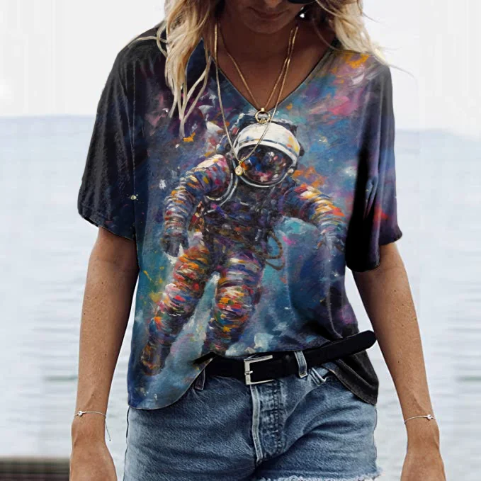 Astronaut Star Print V-Neck Casual T-Shirt