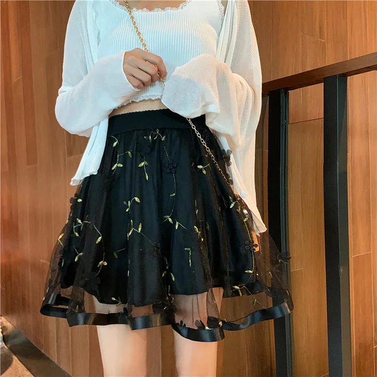 Elastic High Waist A-line Flower Embroidery Mesh Mini Skirts