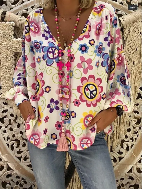 Women Loose Slim V-neck Print Puff Sleeve Long Sleeve T-shirt Tops