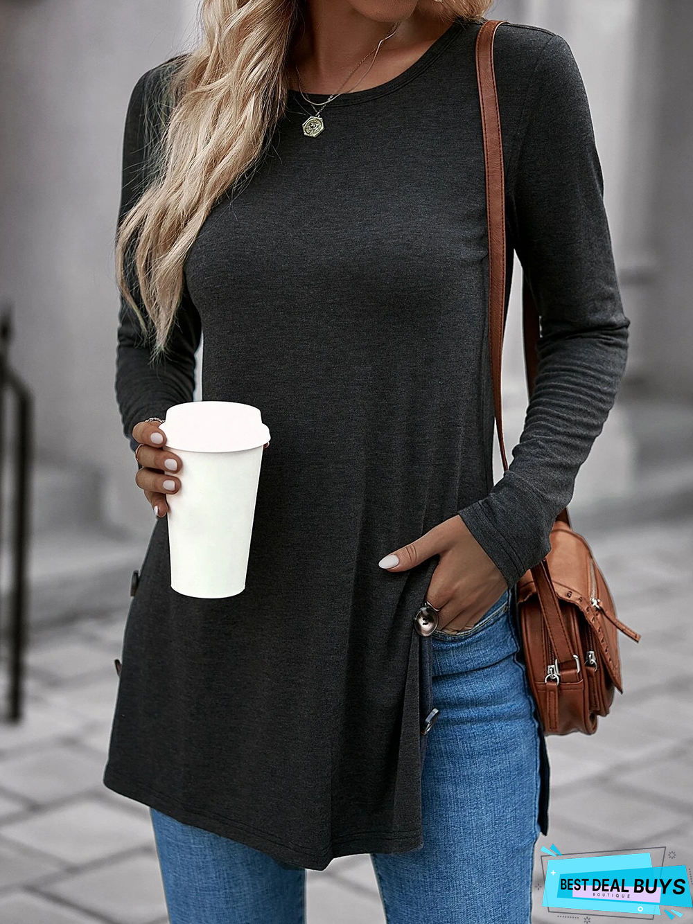 Crew Neck Loose Plain Tunic T-Shirt