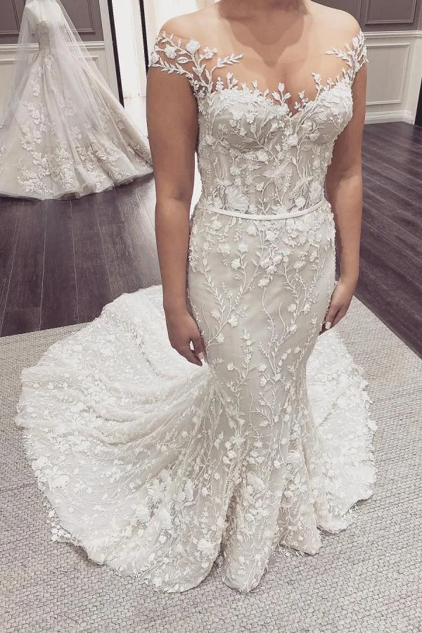 Elegant Off-the-Shoulder Backless Floor-length Mermaid Wedding Dress With Appliques Lace Ballbellas