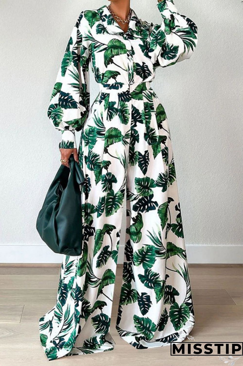 Green Casual Print Patchwork Turndown Collar Long Sleeve Two Pieces