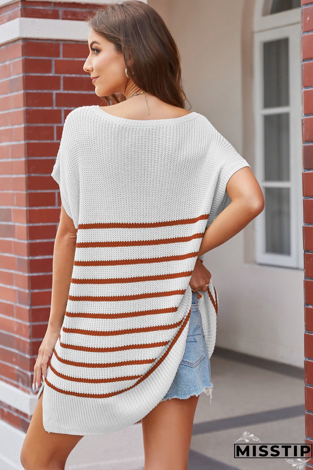 Striped V-Neck Short Sleeve Knit Top