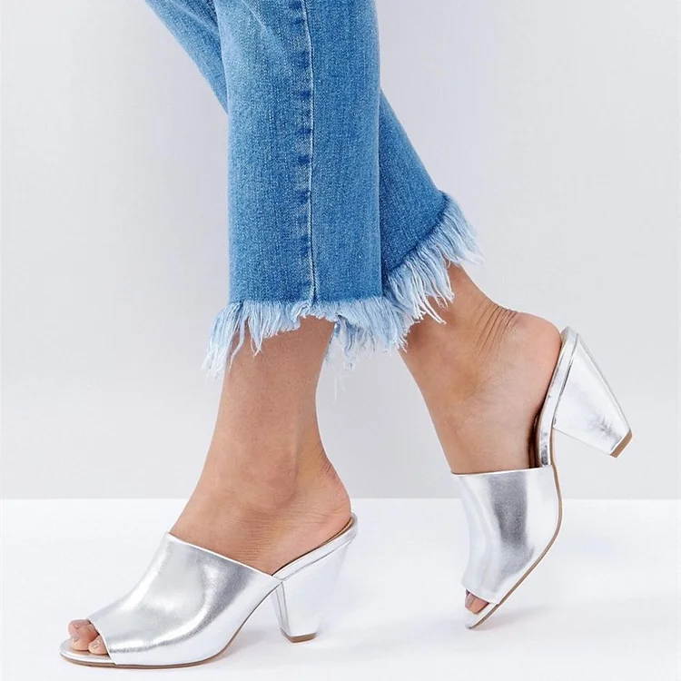 Silver Metallic Peep Toe Chunky Heel Mules Sandals |FSJ Shoes