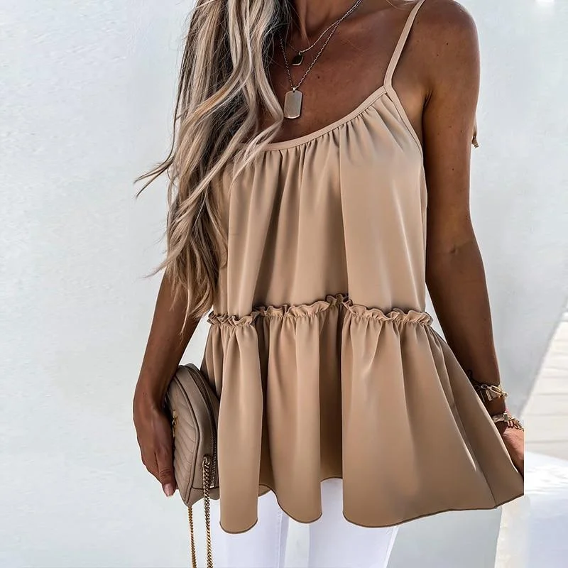 Summer Spaghetti Strap Ruffles Blouses Women  New Casual Loose Sleeveless Blouse Ladies Chic White Black Office Tops