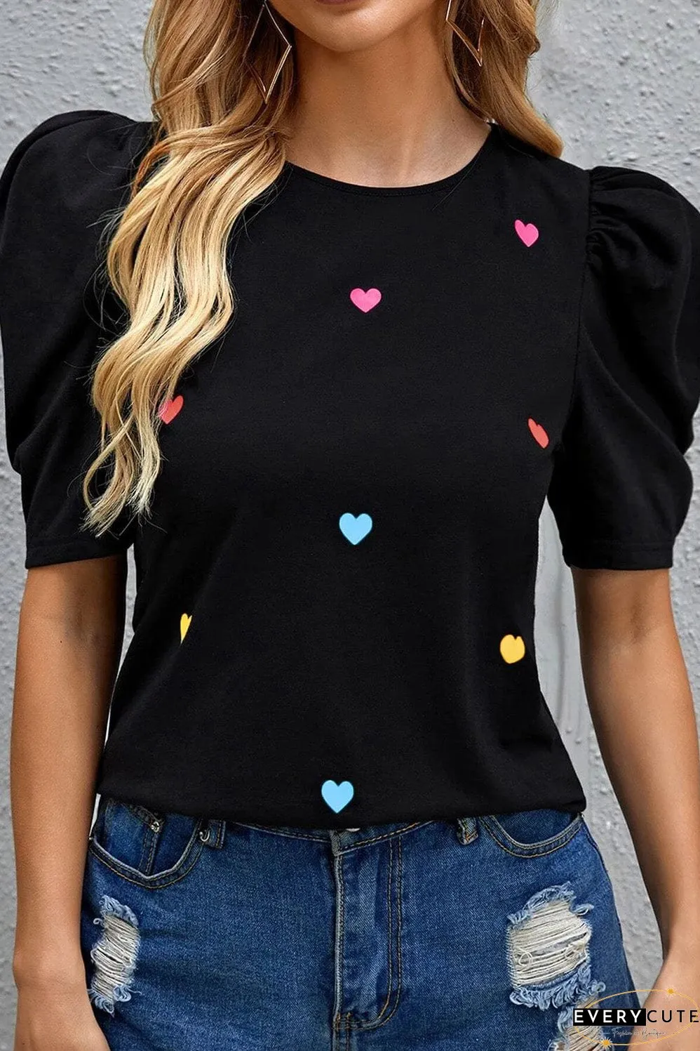 Pink Heart Print Puff Sleeve Blouse