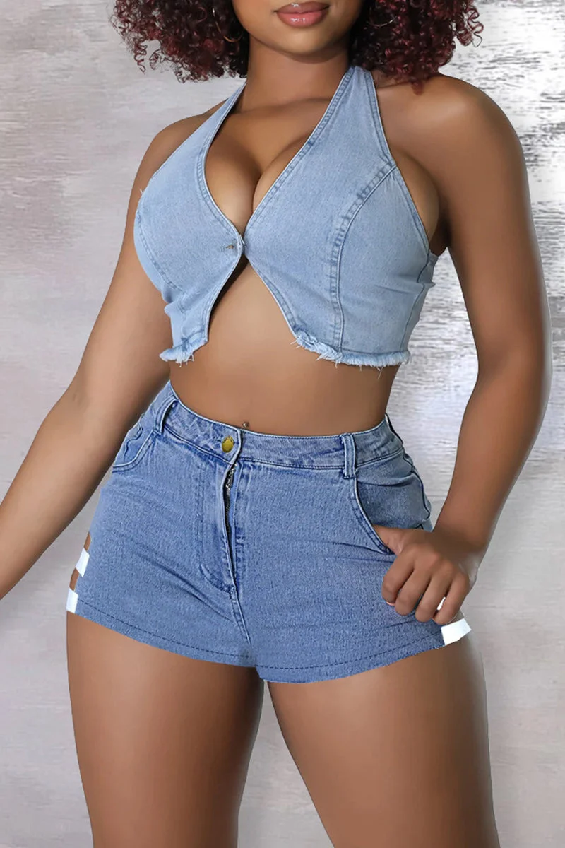 Fashion Casual Solid Hollowed Out Split Joint High Waist Skinny Denim Shorts