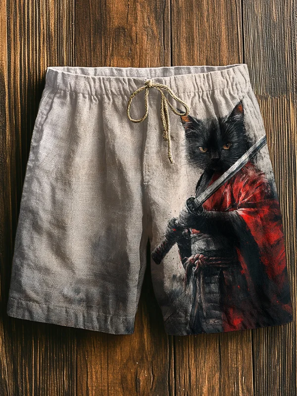 Men's Black Cat Samurai Ink Art Print Casual Shorts