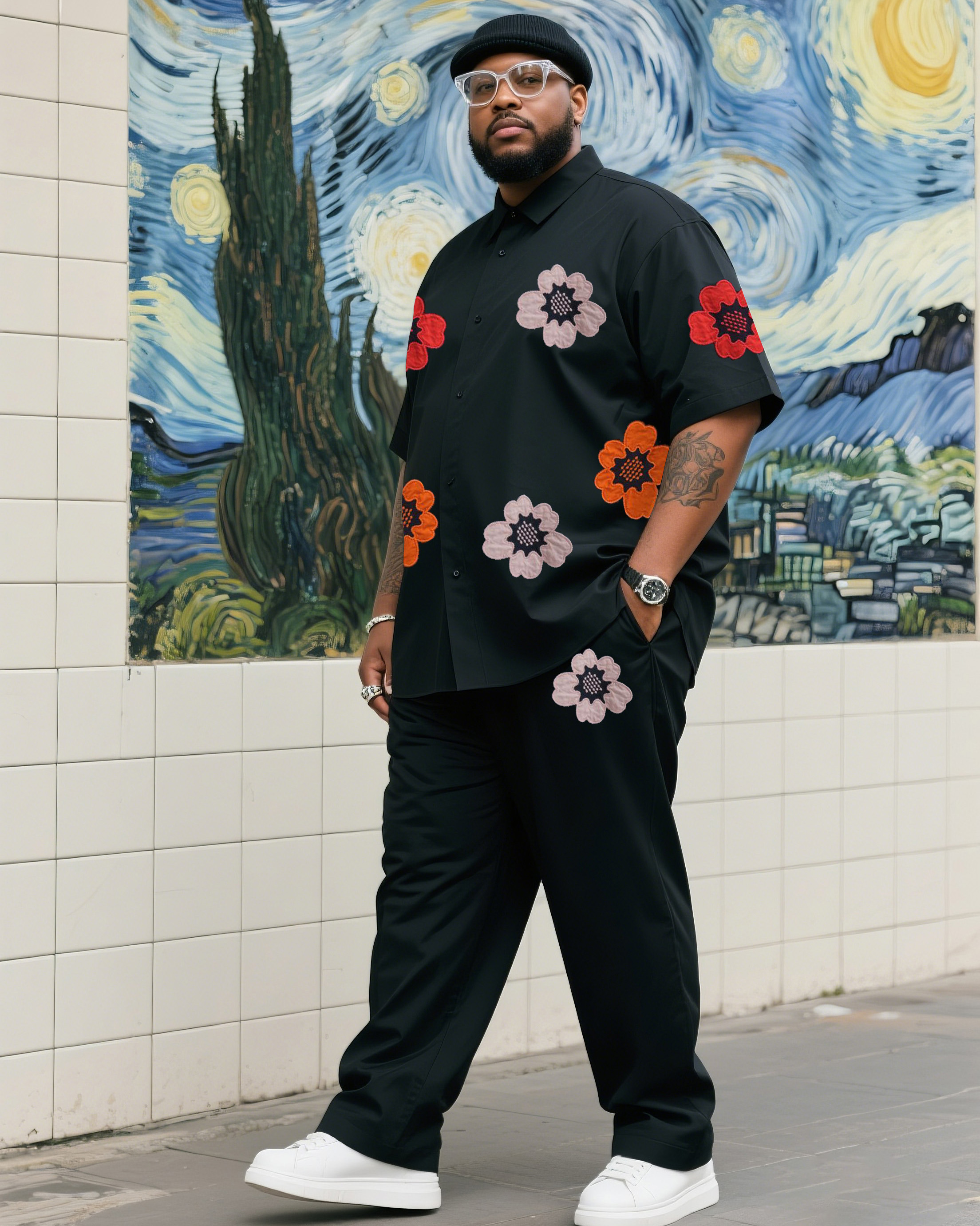 Big Boy Daily Casual Black Simple Flower Short Sleeve Shirt Trousers Suit