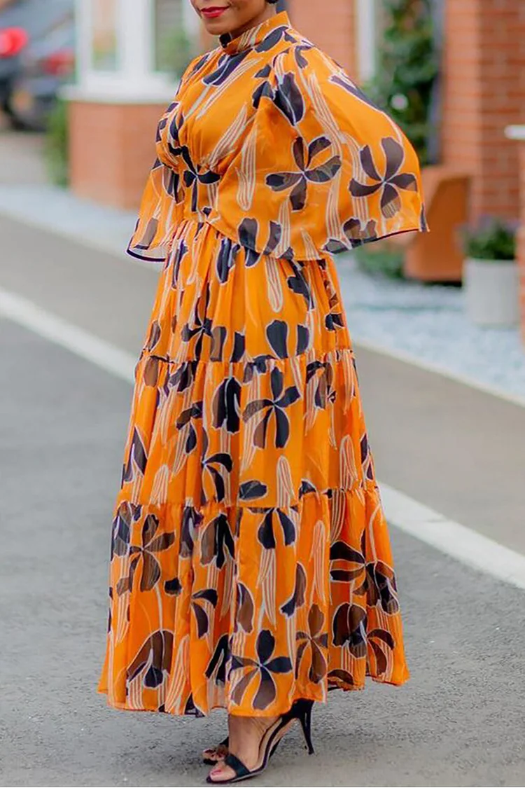 Plus Size Vacation Maxi Dresses Elegant Orange Tropical Print Spring Summer Mock Neck Petal Sleeve 3/4 Sleeve Chiffon Maxi Dresses