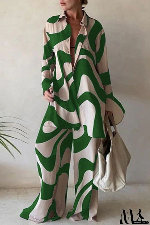 MidiSono - Fashion Print Loose Long Sleeve Shirt + Straight Pants Two Piece Set