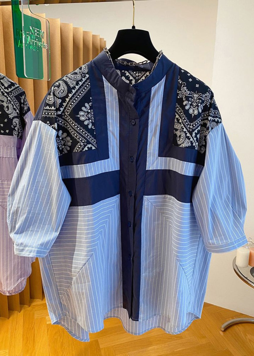 VCSHOES Blue Stand Collar Print Patchwork Shirt Fall