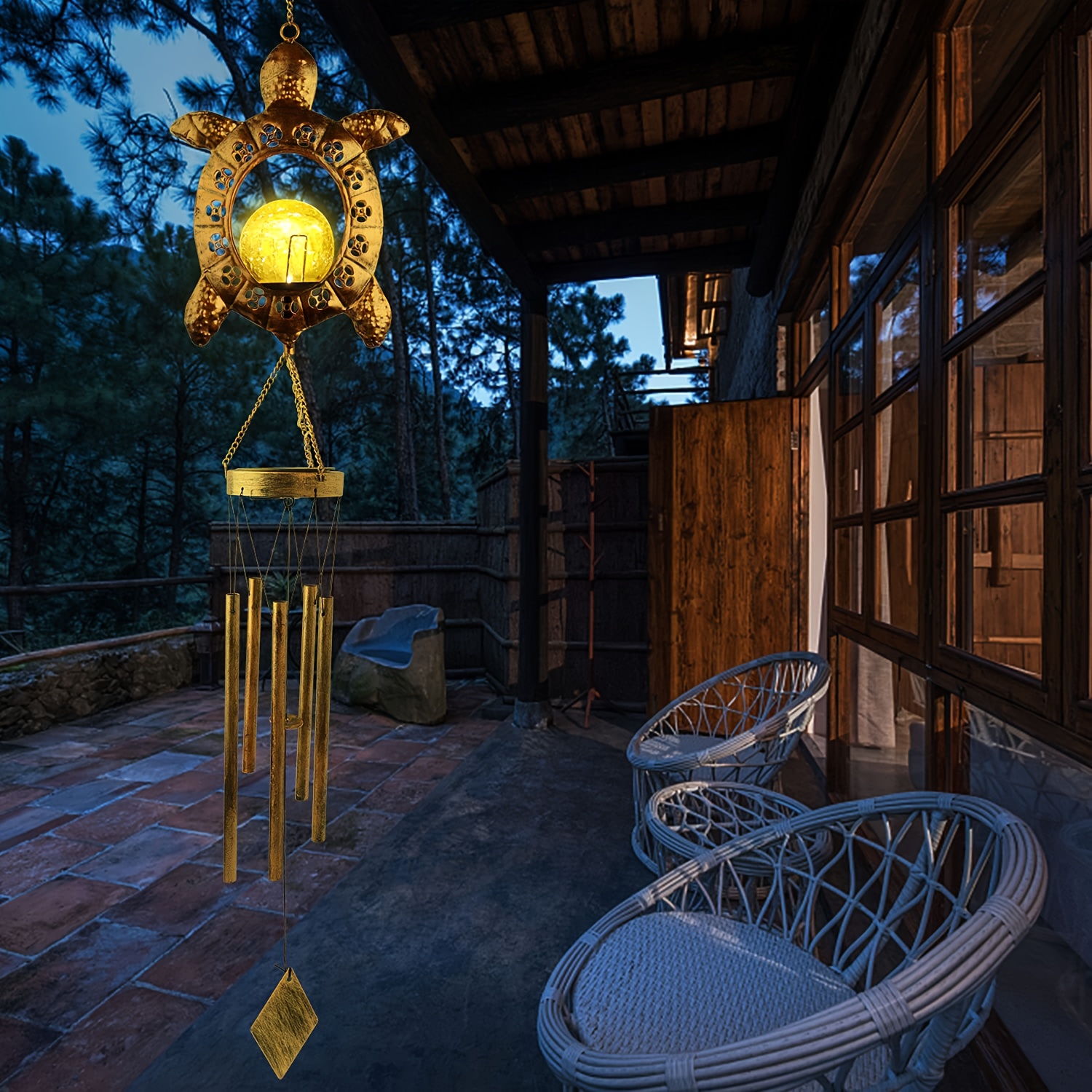 Tegooe Tegooe Solar Turtle Wind Chime with Cracked Glass Ball LED Light Outdoor Waterproof Hanging Garden Decoration