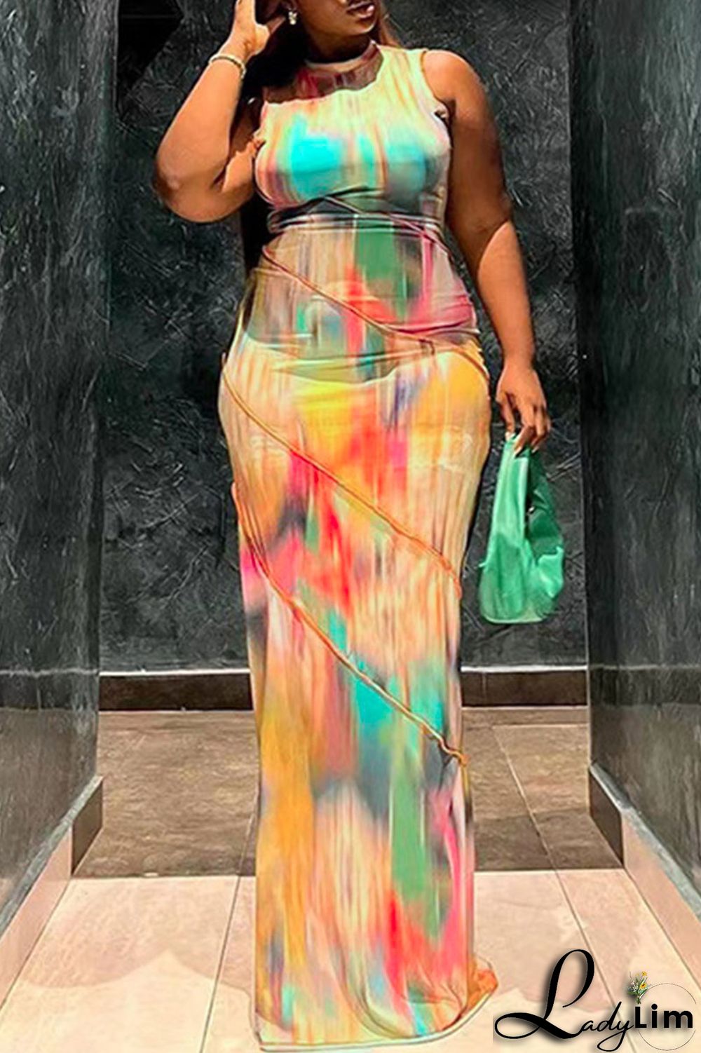 Colour Sexy Print Patchwork O Neck One Step Skirt Dresses