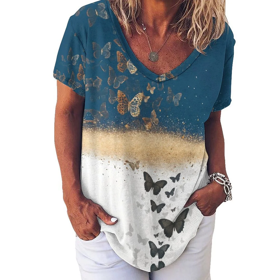 V-neck Short Sleeve Casual T-shirt for  Women Printed with Pattern Butterfly, Blue, Glitter