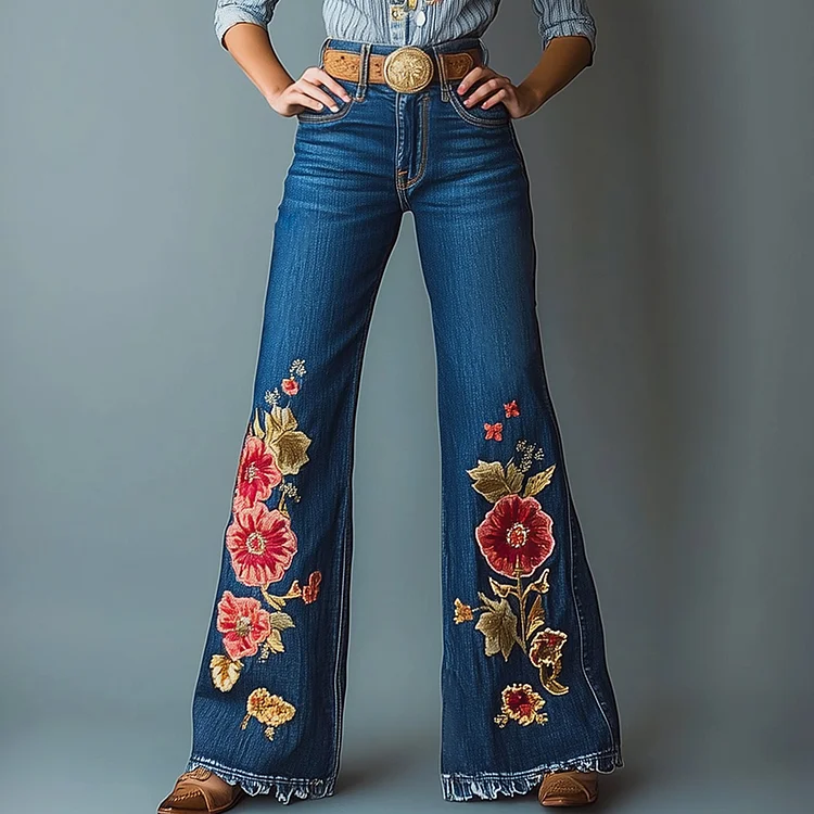 Ursime Denim High Rise Floral Embroidery Bell Bottom Jeans