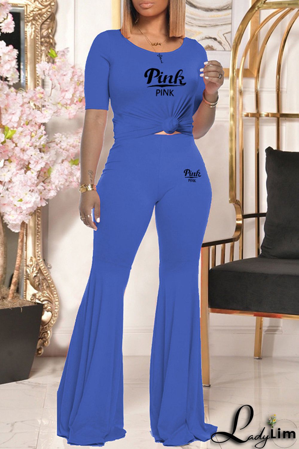 Blue Fashion Casual Letter Print Basic O Neck Short Sleeve Two Pieces