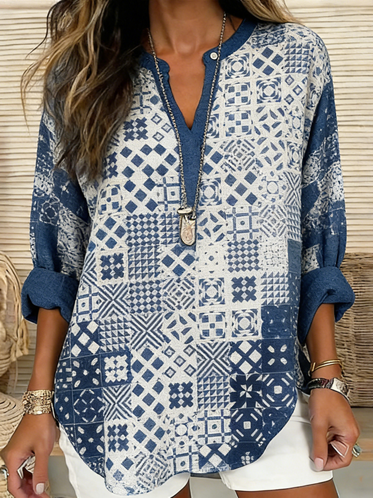 Comstylish Japanese Art Geometric Pattern Leisure Linen Top