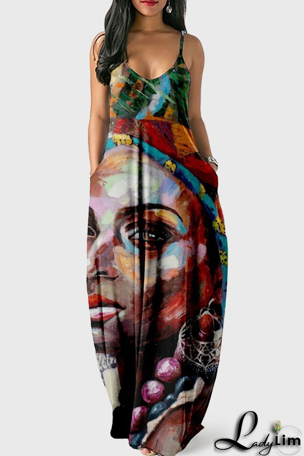 White Blue Fashion Sexy Print Backless Spaghetti Strap Long Dress