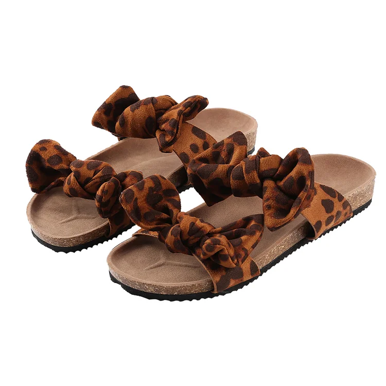 Fashion Women Leopard Print Bowknot Slide Slippers Flap Heel Summer Sandals-Annaletters