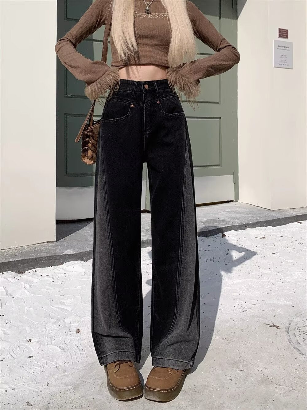 Aiertu joker costume female outfit Black and Gray Straight Jeans for Women plus Size Autumn Loose Contrast Color High Waist Slimming Wide Leg Pants aiertu