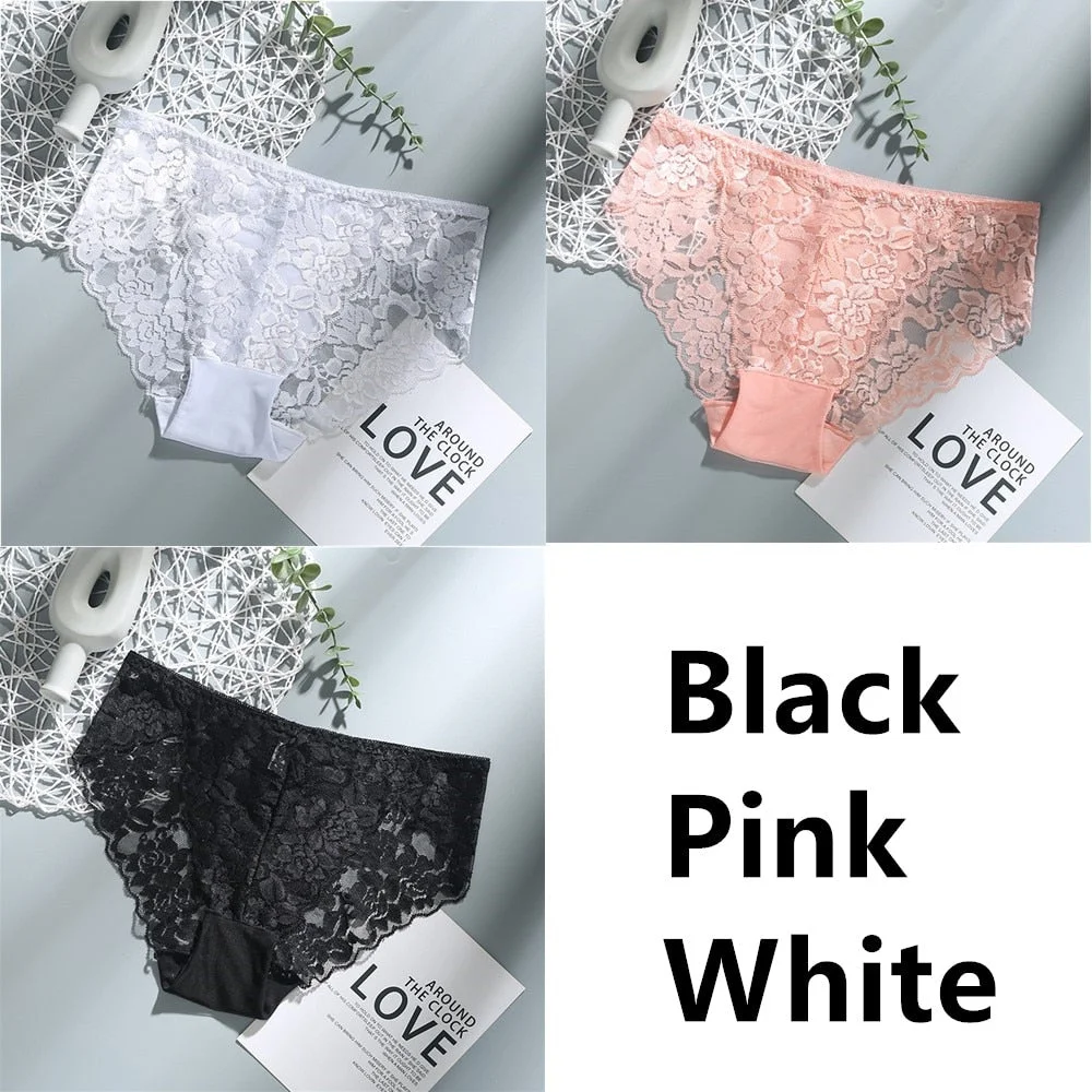 3Pcs Sexy Low Waist Women's Underwear Lace Plus Size Seamless Panties Breathable Lingerie Female Briefs Solid Hollow Underpants