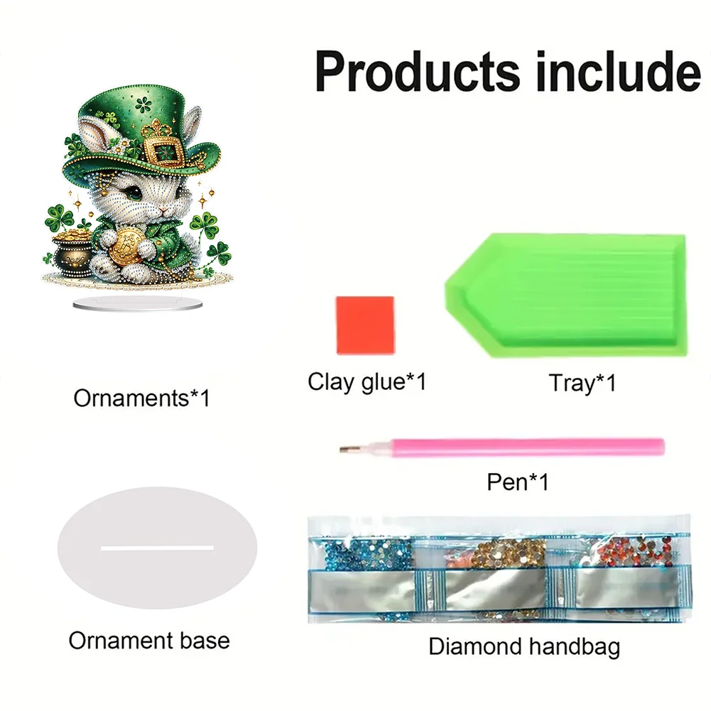 DIY Acrylic St. Patricks Day Rabbit Special Shape Diamond Painting Tabletop Ornament Creative Home Decor & Gift Idea for Adults - Relaxing Craft Activity