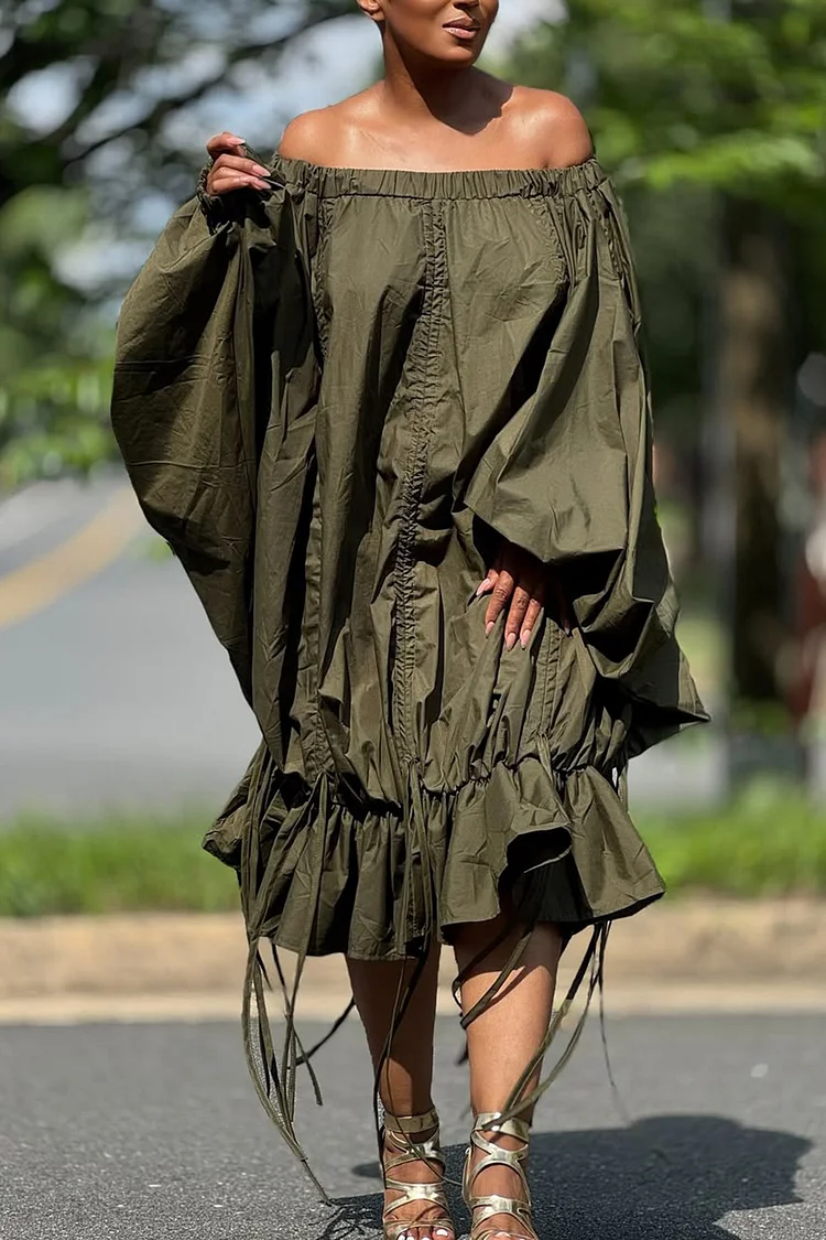 Plus Size Vacation Army Green Off The Shoulder Lantern Sleeve Long Sleeve Ruffle Casual Ruched Midi Dresses [Pre-Order]