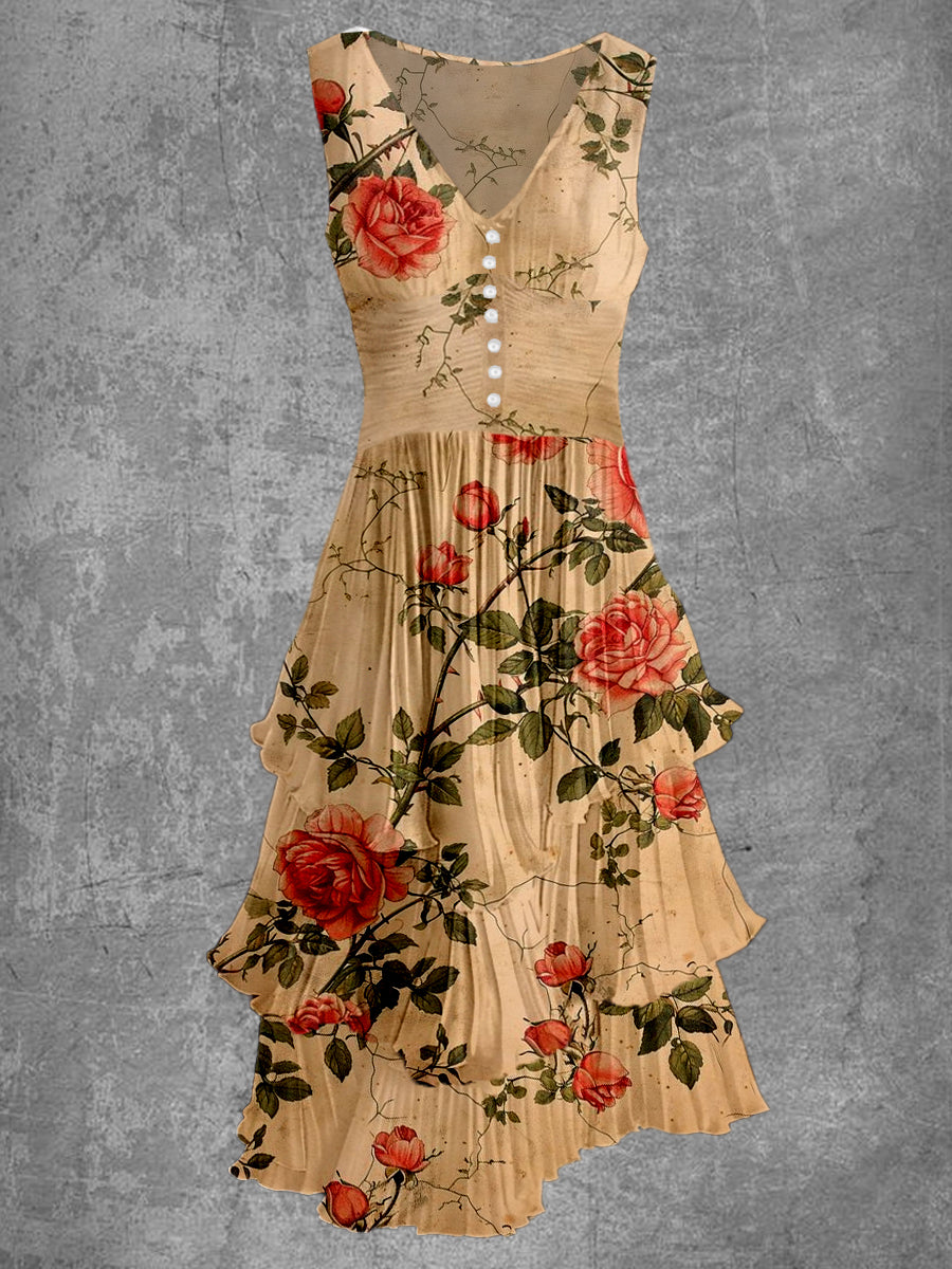 Floral Print Sleeveless V Neck Button Up Retro Midi Dress