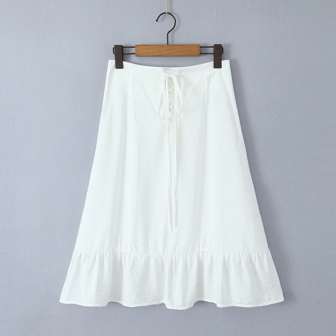 Nncharge White Cross Lacing up Bandage Bow Waist Knee Length Skirt Women Wood ears Ruffles Hem Swing A-lined Skirts Boho