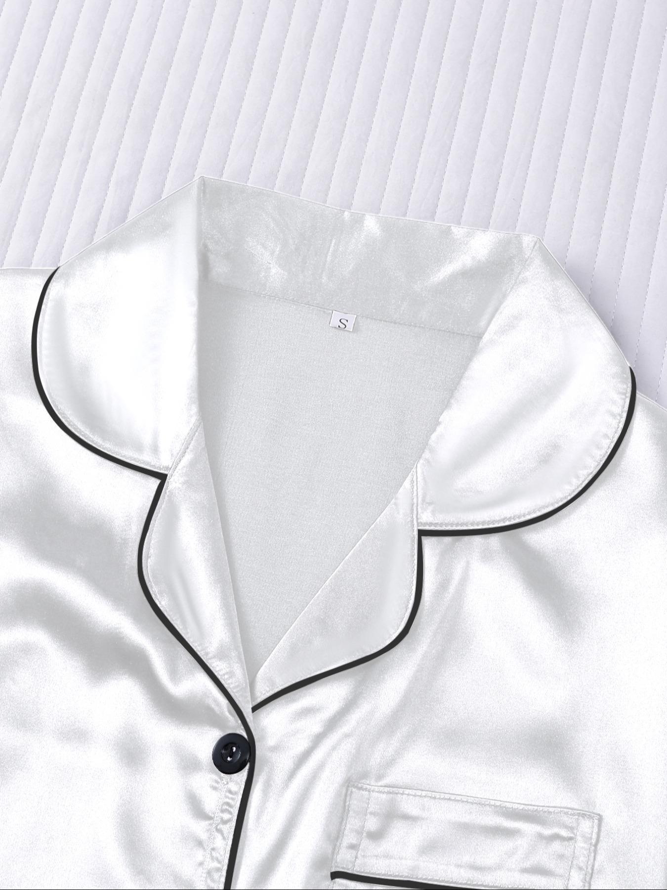Women's Solid Satin Pyjama Three-piece Set, Elegant Comfy Short Sleeve Lapel Neck Button Up Top & Shorts & Pants PJ Set, Ladies Sleepwear for All Seasons