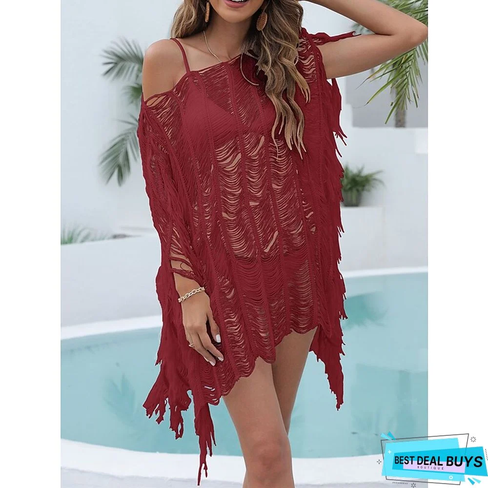 Women's Cover Up Beach Dress Beach Wear Mini Dress Tassel Fringe Hole Cute Casual Plain Crewneck Short Sleeve Loose Fit Outdoor Daily Black White 2023 Spring Summer One Size