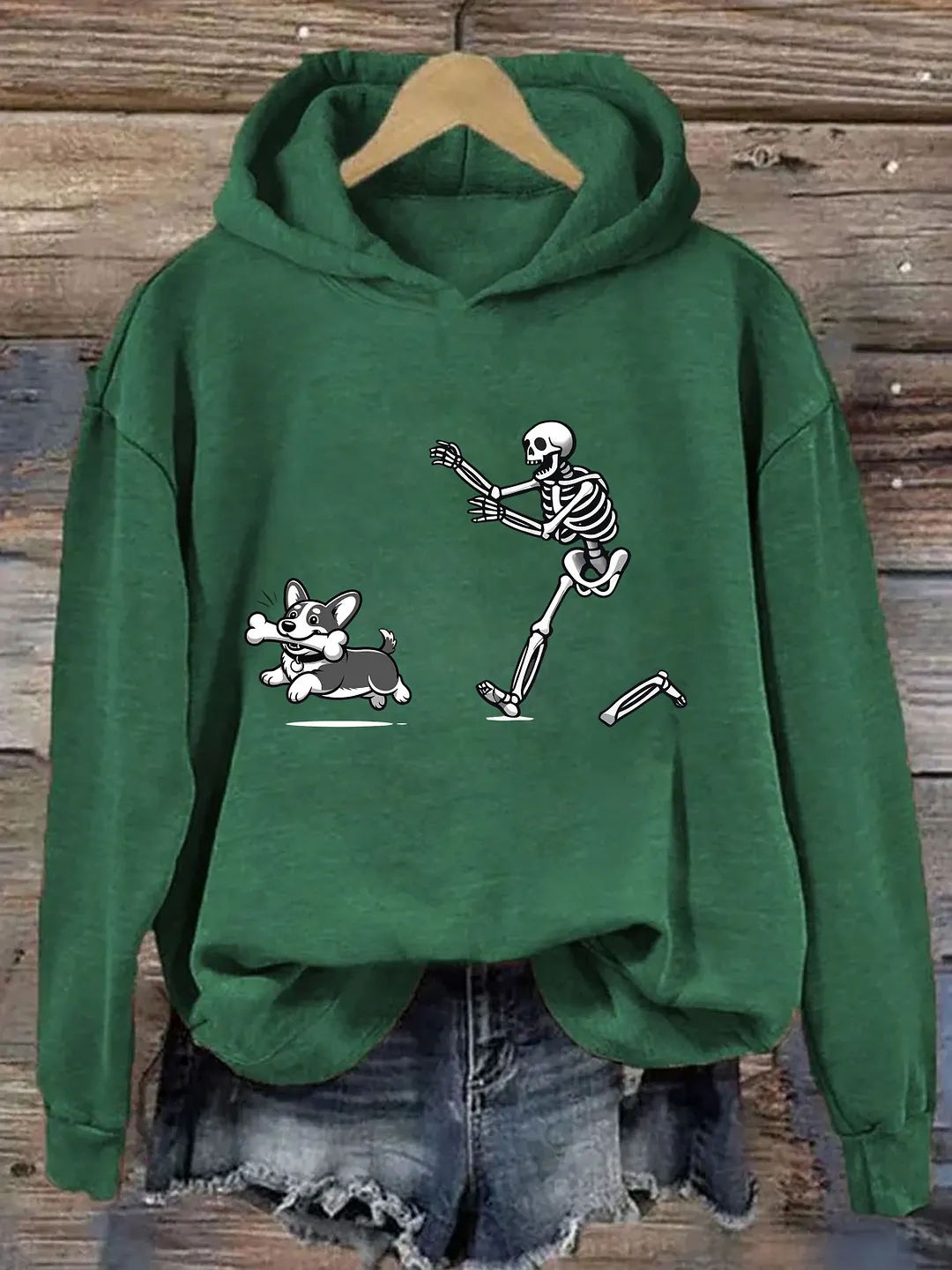 Funny Skeleton Chasing Corgi Hoodie