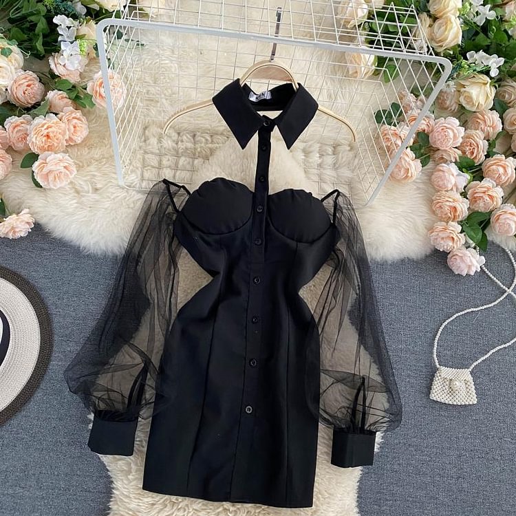 Hollowed Out Lapel Mesh Bubble Sleeve Dress