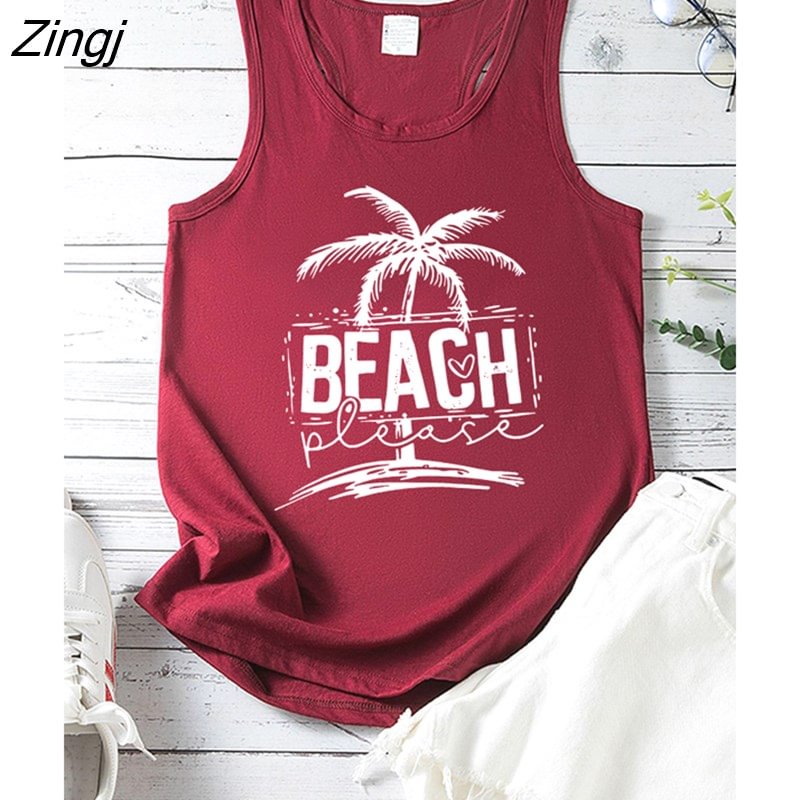 Zingj Please Print Summer Vacation Women Tank Tops Sleeveless Crew Neck New Tee Shirt Femme Casual 90 Ladies Vest Tops Clothes