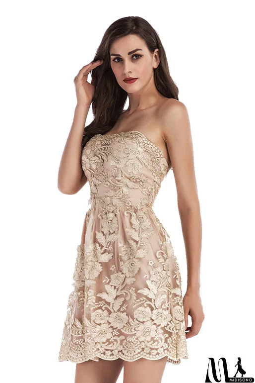 MidiSono - Champagne Embroidered Strapless Backless Prom Dress