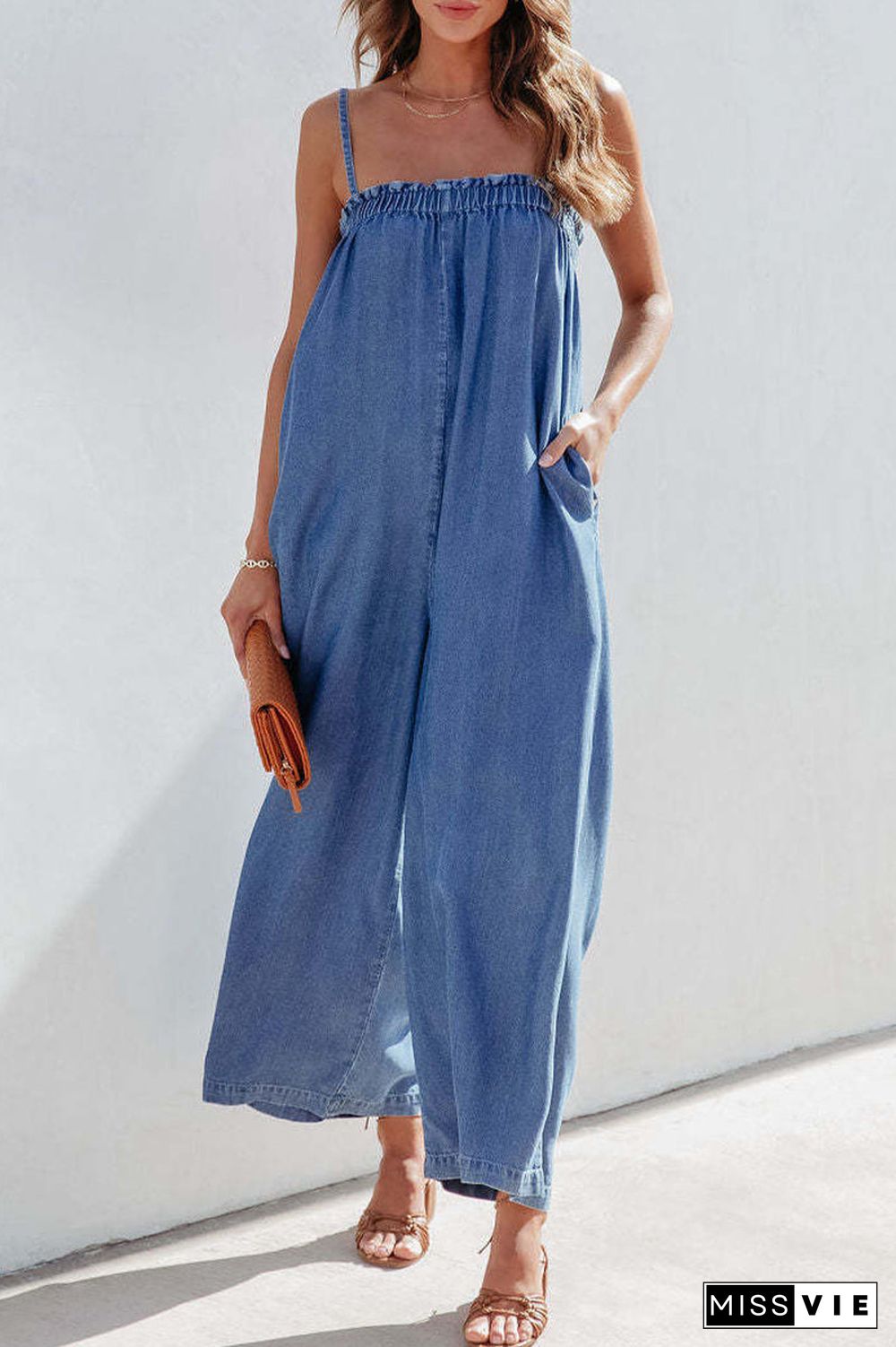 Casual Street Solid Pocket Strapless Loose Jumpsuits