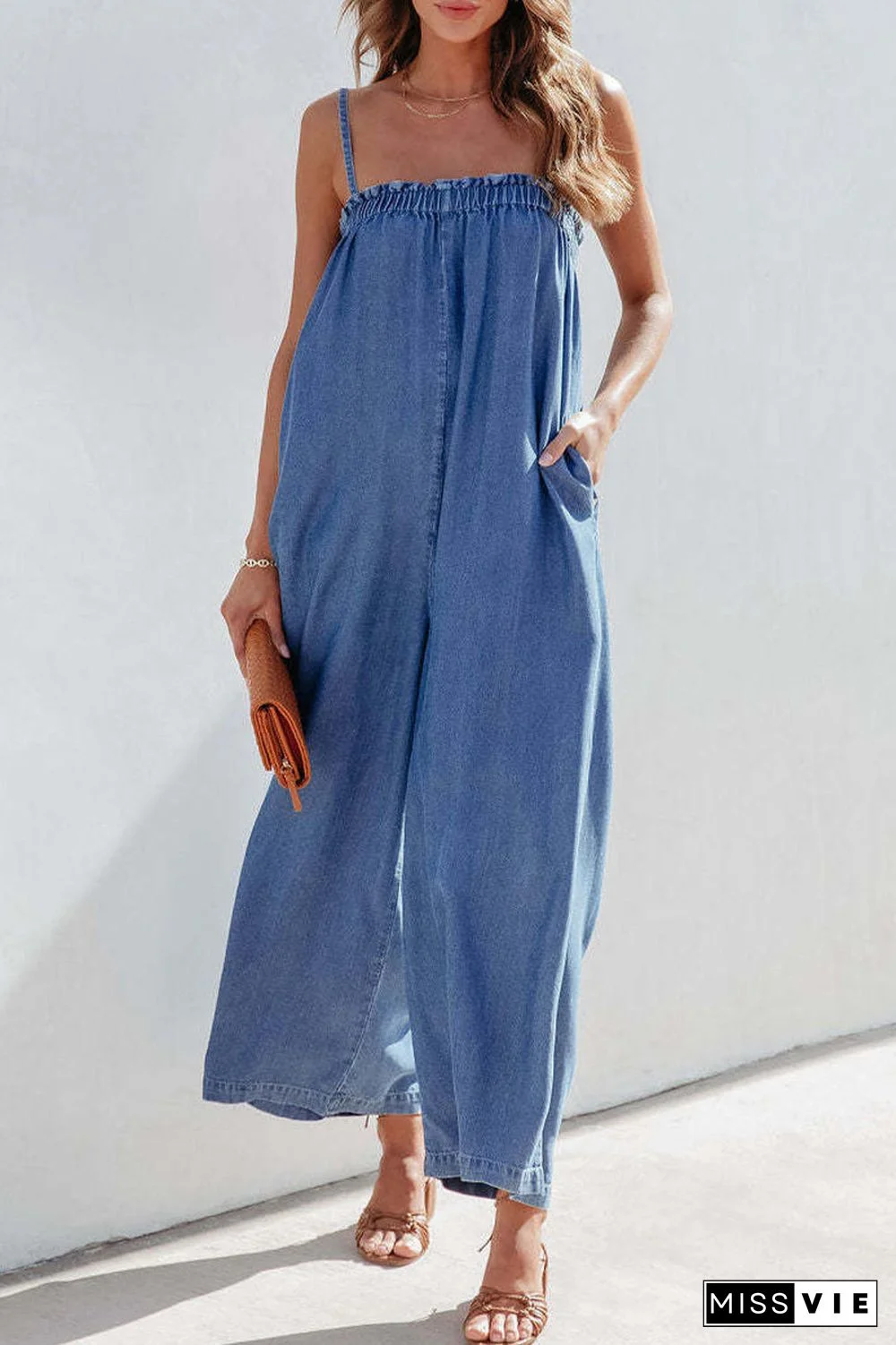 Casual Street Solid Pocket Strapless Loose Jumpsuits