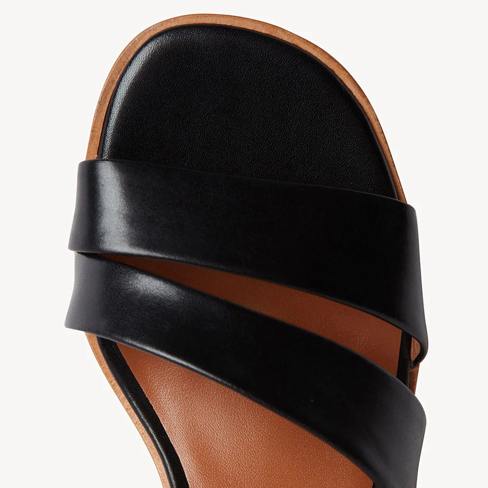 Black Open Round Toe Buckled Ankle Strap Block Heel Sandals