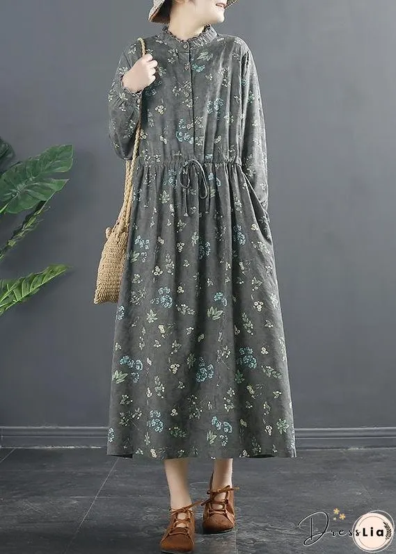 Vivid Drawstring Spring Long Design Gray Print Dresses