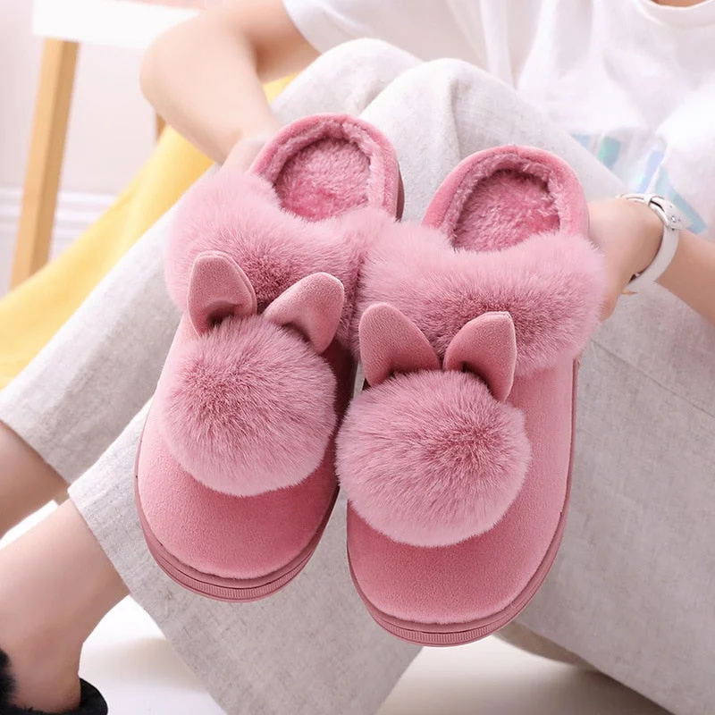 Men and Women Couple Winter Warm Slippers Female Rabbit Pattern Non-Slip Thicken Indoor Home Plush Slippers Cotton Shoes