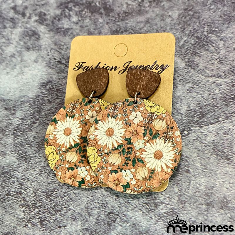 Women Fashion Retro Bohemian Flower Stitching Wooden Earrings