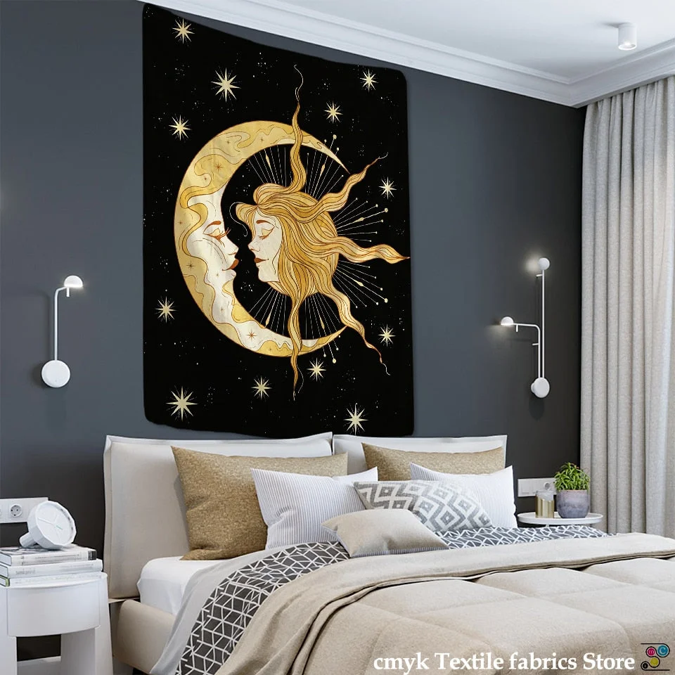 Psychedelic Moon Star Tapestry Wall Hanging Bohemian Hippie Tarot Girls Room Dormitory Art Home Decor