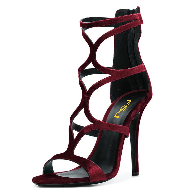 FSJ Burgundy Velvet Hollow out Stiletto Heels Strappy Sandals |FSJ Shoes