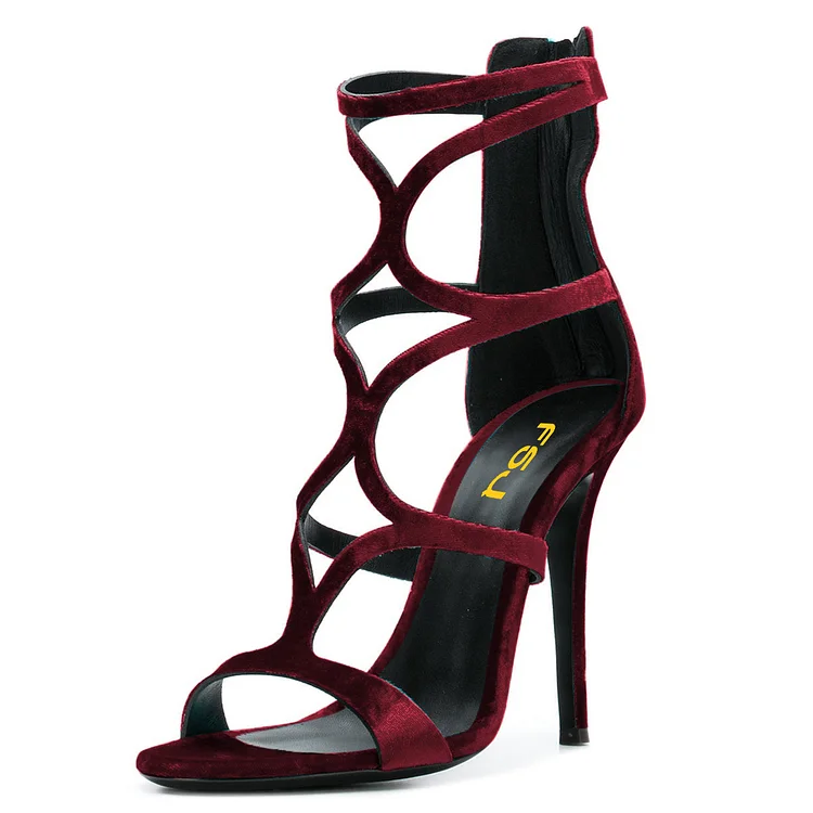 Burgundy Strappy Stiletto Sandals with Velvet and Hollow-out Details Vdcoo