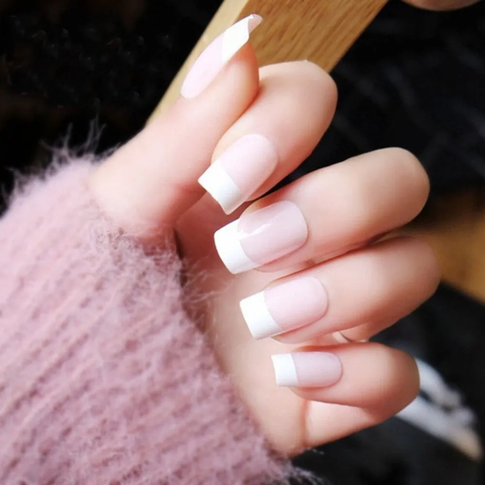 24pcs/box Middle length Ballet nude pink Color false nails with design with heart pattern artificial nails with jelly glue